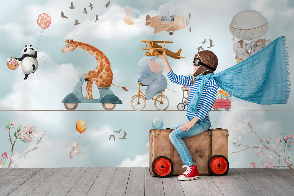 Animal Circus Wallpaper : Tightrope Bicycle Kids Mural - View 2