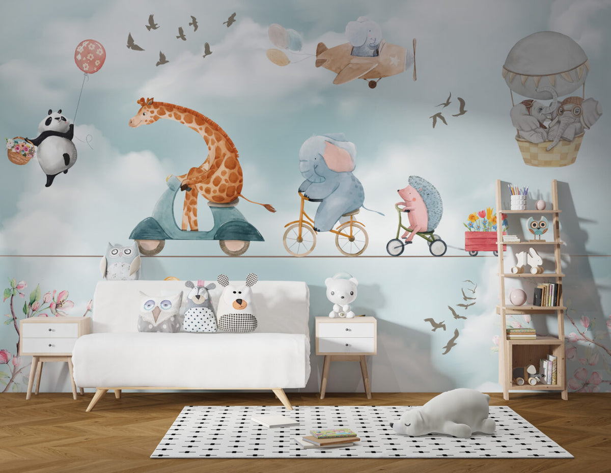 Animal Circus Wallpaper : Tightrope Bicycle Kids Mural - View 3