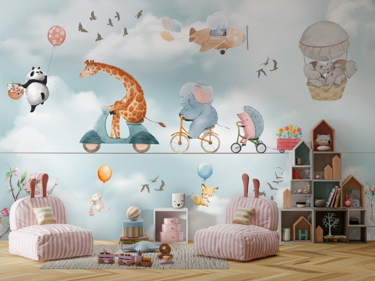 Animal Circus Wallpaper : Tightrope Bicycle Kids Mural - View 4