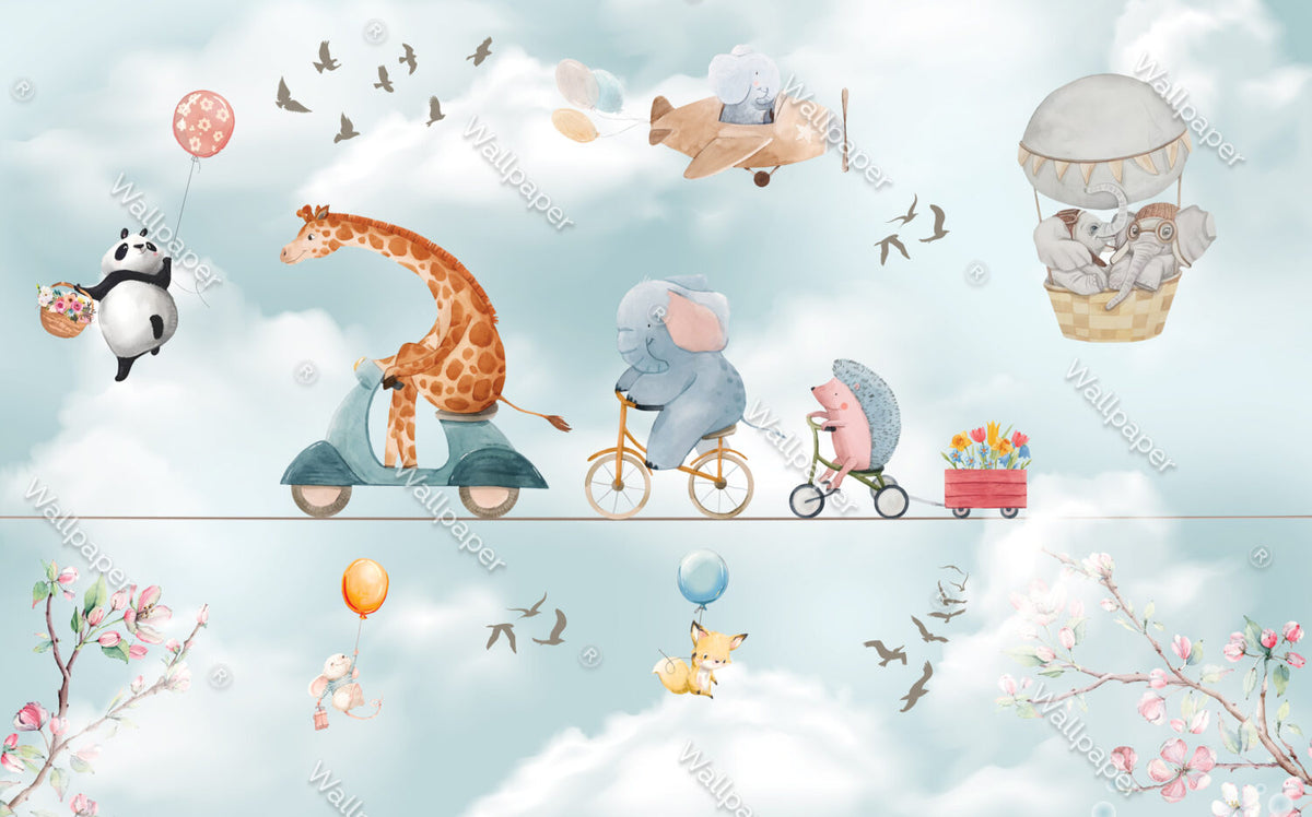 Animal Circus Wallpaper : Tightrope Bicycle Kids Mural - flat design