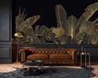 Black Gold Jungle Wallpaper : Line Art Tropical Leaves Mural - View 3