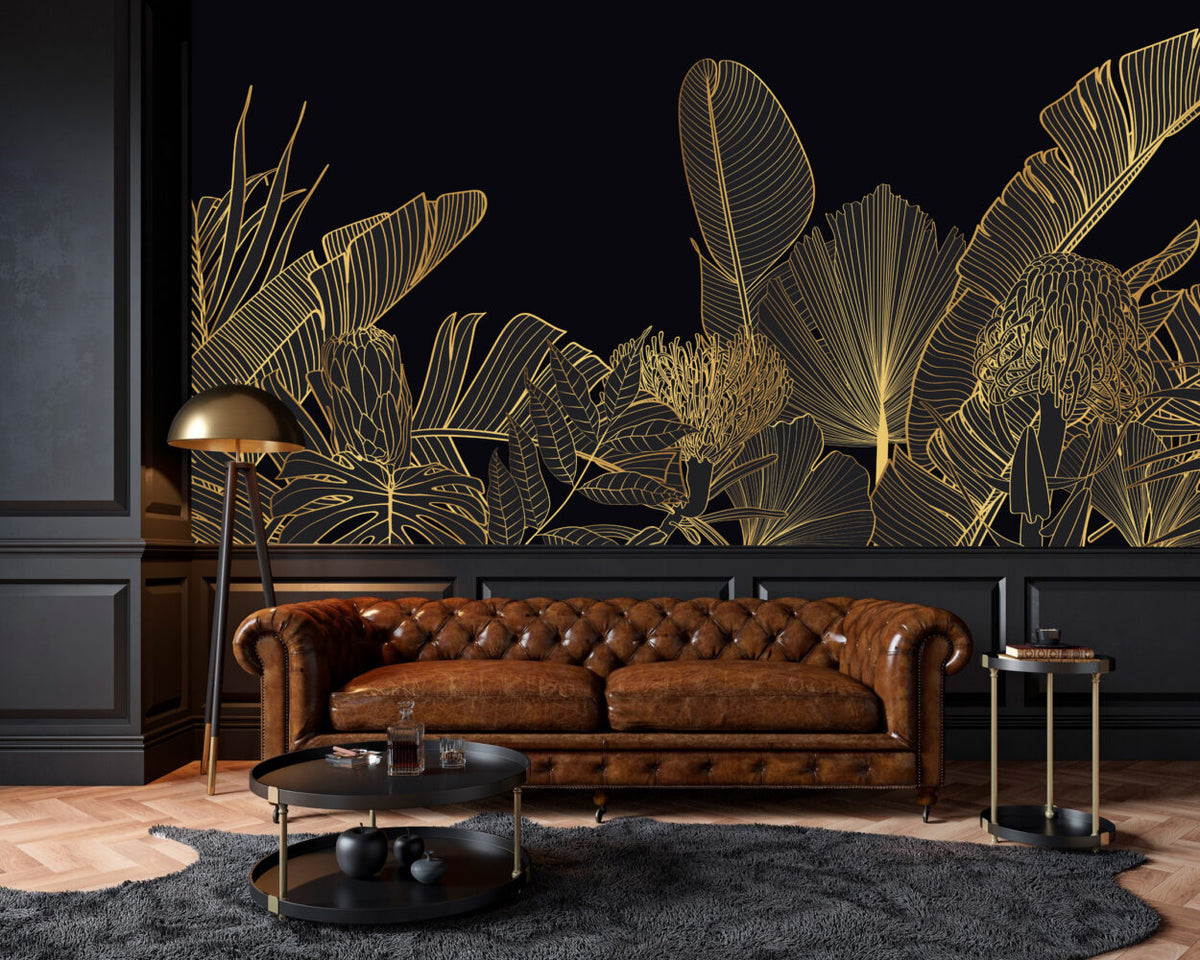 Black Gold Jungle Wallpaper : Line Art Tropical Leaves Mural - View 3