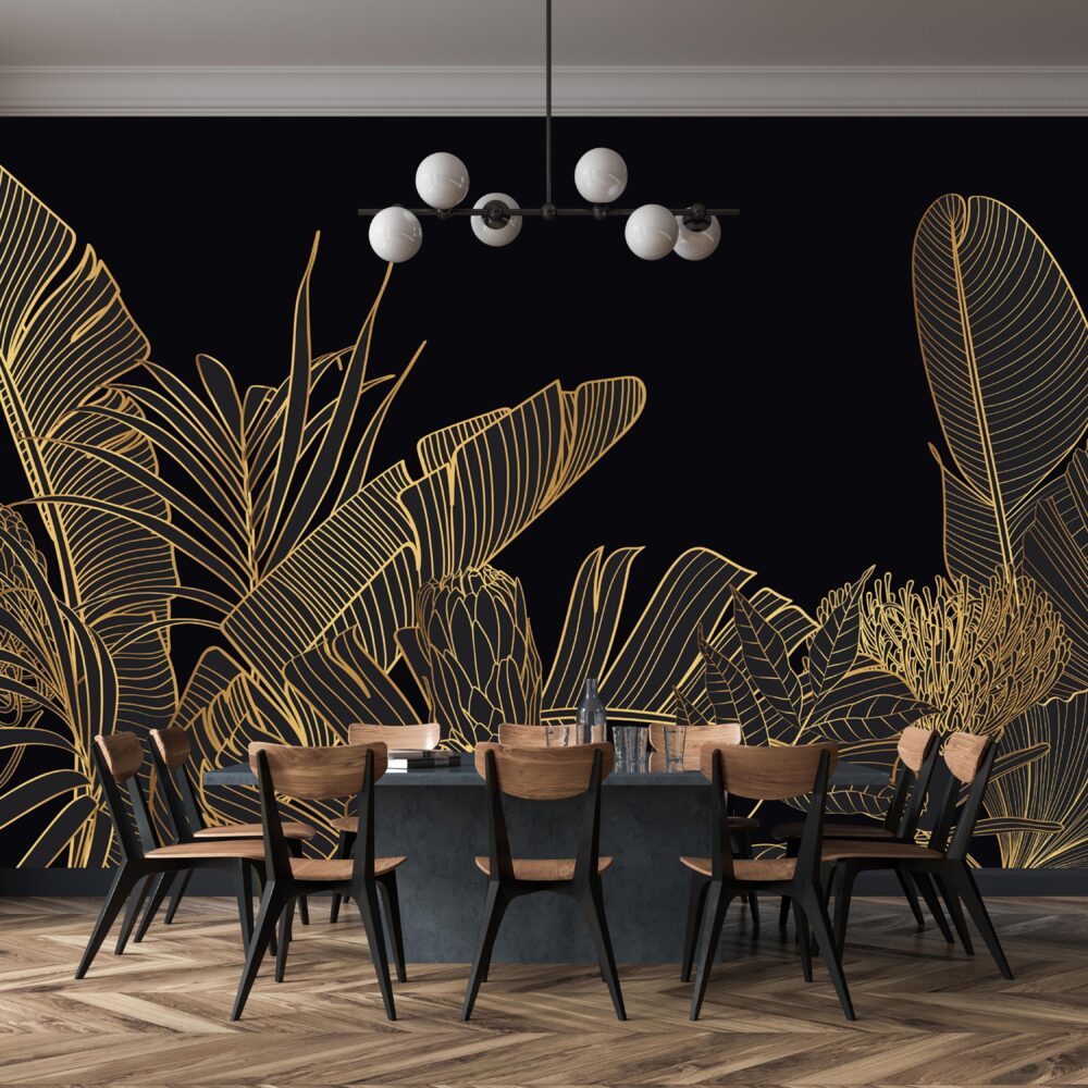 Black Gold Jungle Wallpaper : Line Art Tropical Leaves Mural - View 4
