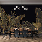 Black Gold Jungle Wallpaper : Line Art Tropical Leaves Mural - View 4