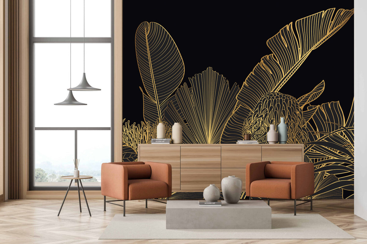 Black Gold Jungle Wallpaper : Line Art Tropical Leaves Mural - View 5