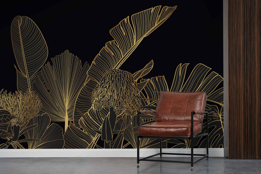 Black Gold Jungle Wallpaper : Line Art Tropical Leaves Mural