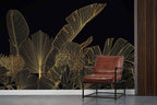 Black Gold Jungle Wallpaper : Line Art Tropical Leaves Mural
