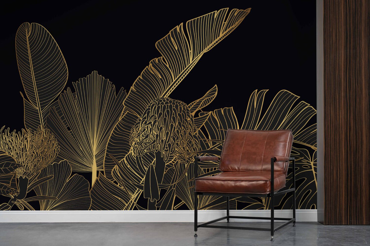 Black Gold Jungle Wallpaper : Line Art Tropical Leaves Mural