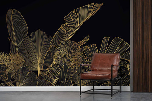 Black Gold Jungle Wallpaper : Line Art Tropical Leaves Mural