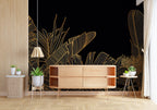 Black Gold Jungle Wallpaper : Line Art Tropical Leaves Mural - View 6