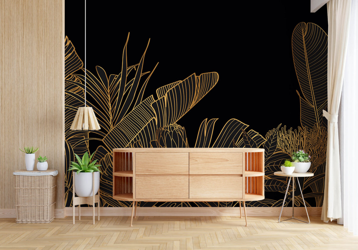 Black Gold Jungle Wallpaper : Line Art Tropical Leaves Mural - View 6