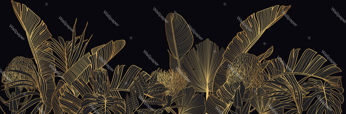 Black Gold Jungle Wallpaper : Line Art Tropical Leaves Mural - View 2