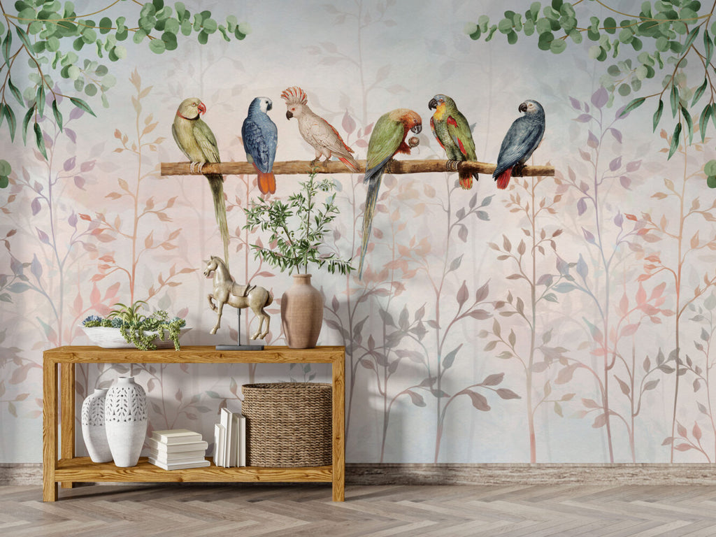 Parrots On A Branch Wallpaper : Soft Blush Leaf Mural - View 2