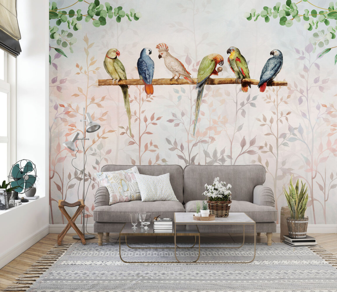 Parrots On A Branch Wallpaper : Soft Blush Leaf Mural - View 3