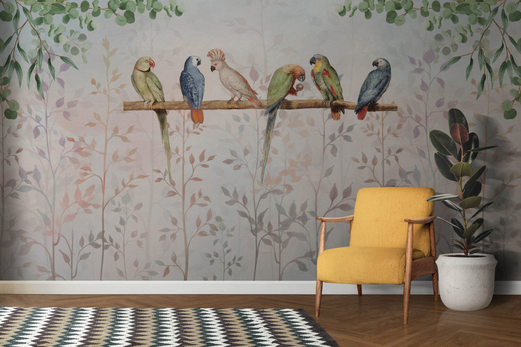 Parrots On A Branch Wallpaper : Soft Blush Leaf Mural - View 4