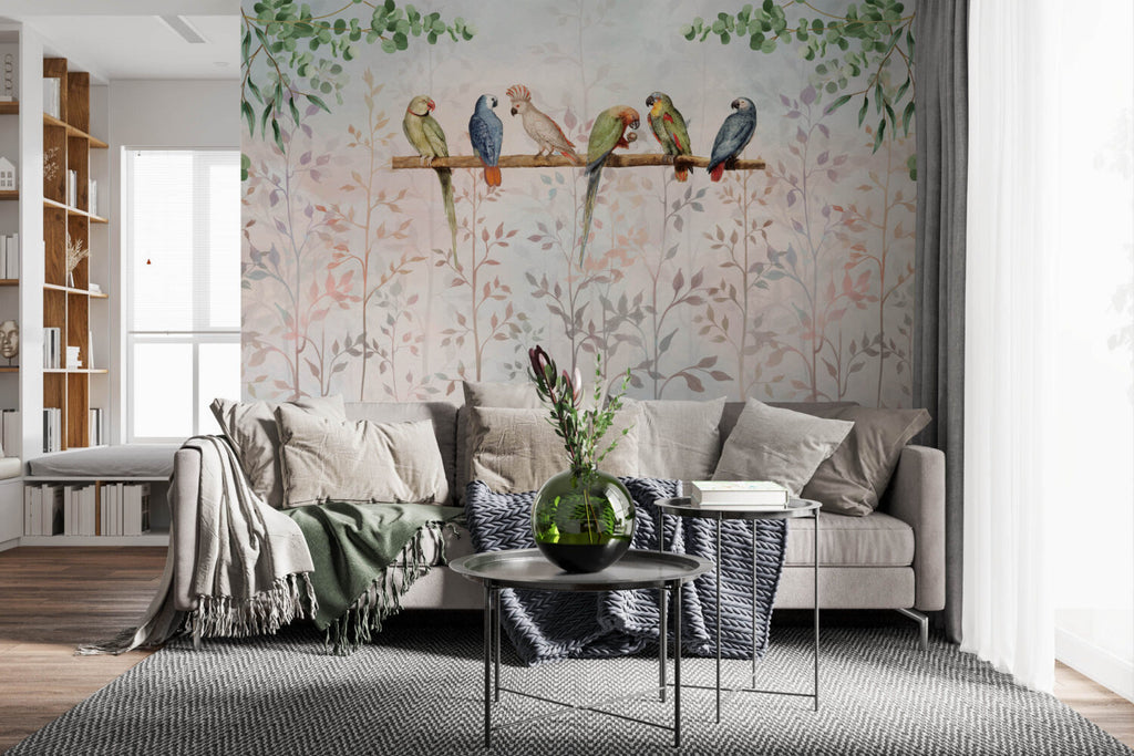 Parrots On A Branch Wallpaper : Soft Blush Leaf Mural - View 5