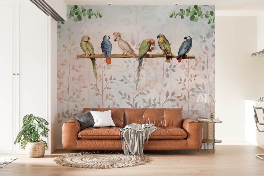 Parrots On A Branch Wallpaper : Soft Blush Leaf Mural