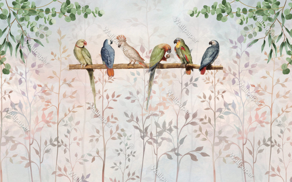 Parrots On A Branch Wallpaper : Soft Blush Leaf Mural - flat design
