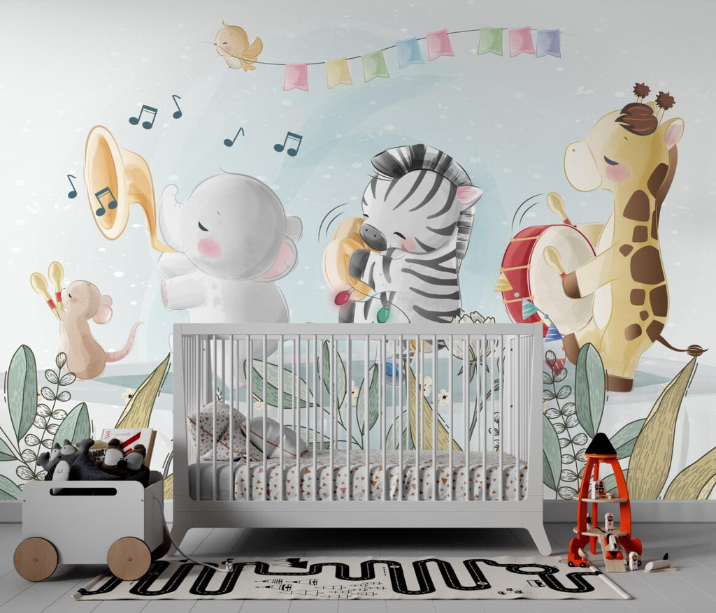 Happy Animal Band Wallpaper : Musical Zebra And Elephant Kids Mural - View 5