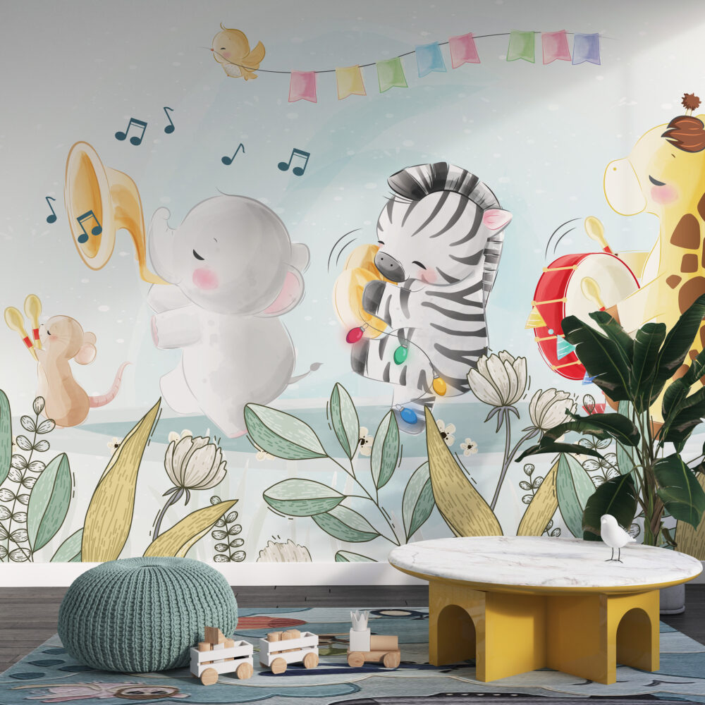 Happy Animal Band Wallpaper : Musical Zebra And Elephant Kids Mural - View 4