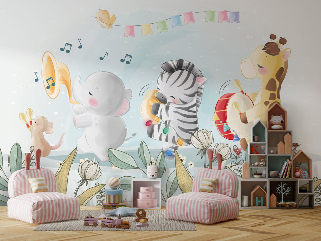 Happy Animal Band Wallpaper : Musical Zebra And Elephant Kids Mural - View 3
