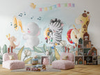 Happy Animal Band Wallpaper : Musical Zebra And Elephant Kids Mural - View 3