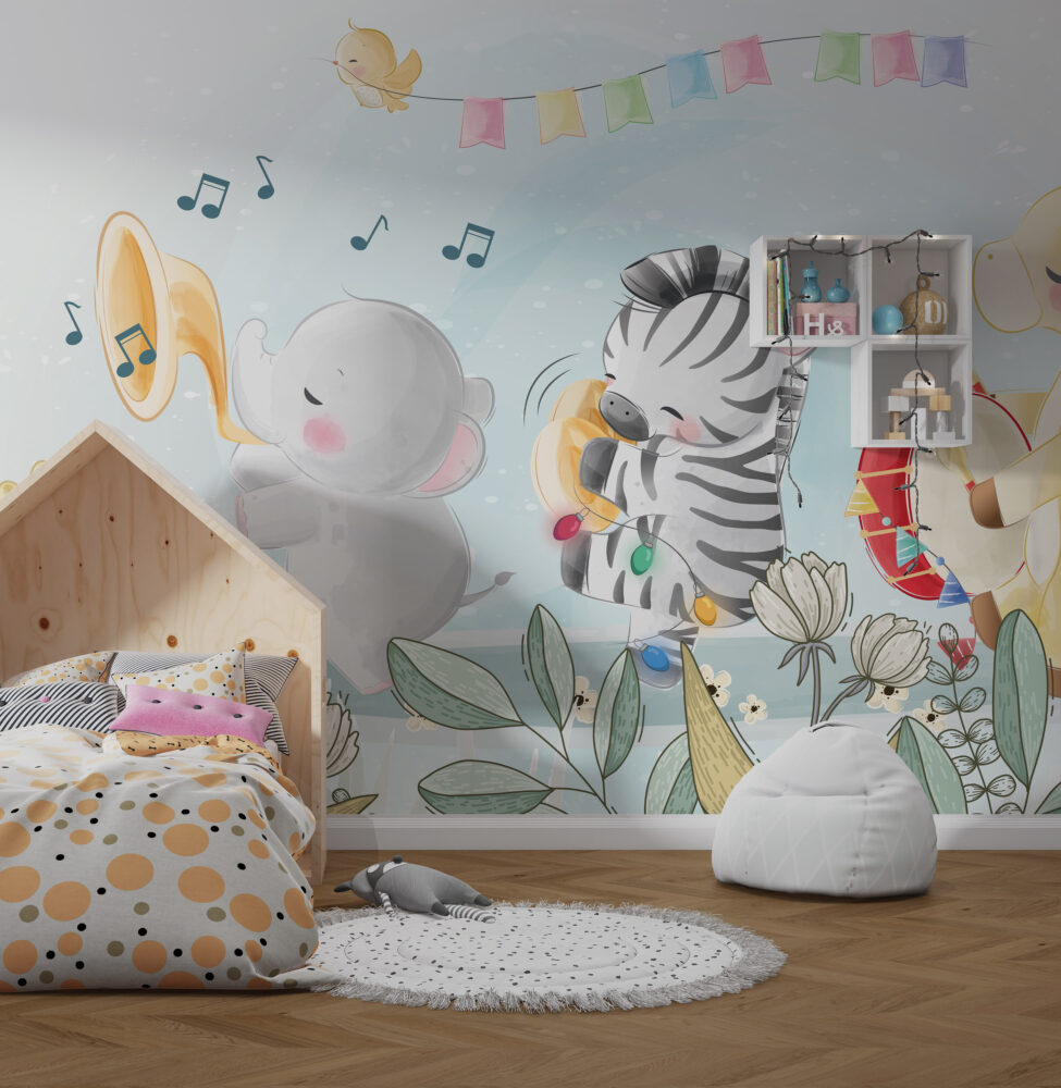Happy Animal Band Wallpaper : Musical Zebra And Elephant Kids Mural