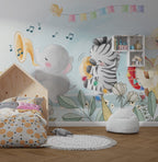 Happy Animal Band Wallpaper : Musical Zebra And Elephant Kids Mural