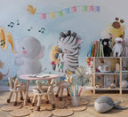Happy Animal Band Wallpaper : Musical Zebra And Elephant Kids Mural - View 2