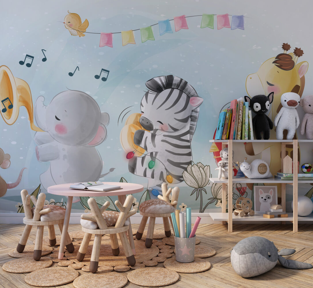 Happy Animal Band Wallpaper : Musical Zebra And Elephant Kids Mural - View 2