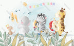 Happy Animal Band Wallpaper : Musical Zebra And Elephant Kids Mural - flat design