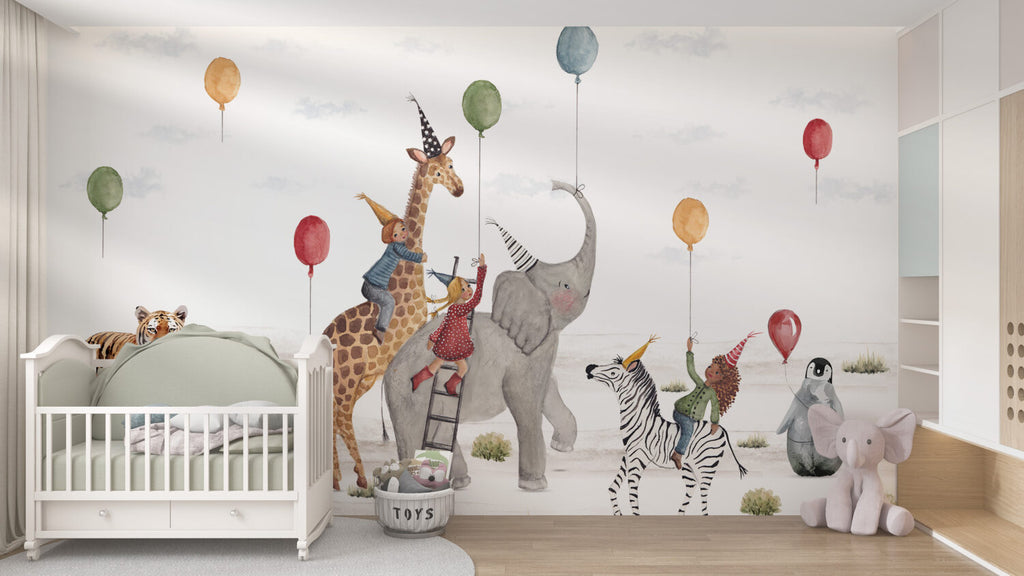 Safari Birthday Party Wallpaper : Balloons And Animals Kids Mural - View 2