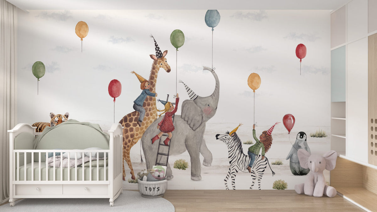 Safari Birthday Party Wallpaper : Balloons And Animals Kids Mural - View 2