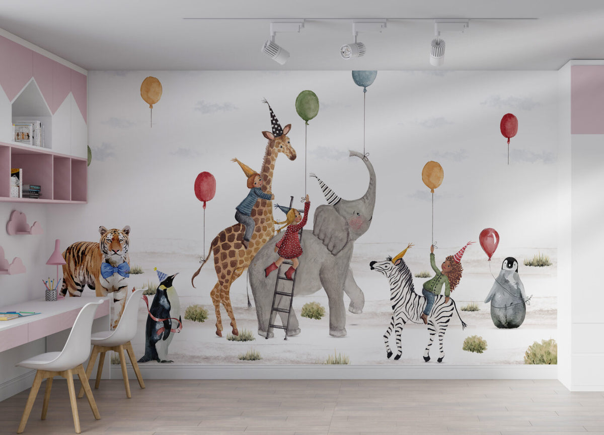 Safari Birthday Party Wallpaper : Balloons And Animals Kids Mural - View 3