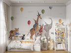 Safari Birthday Party Wallpaper : Balloons And Animals Kids Mural - View 4