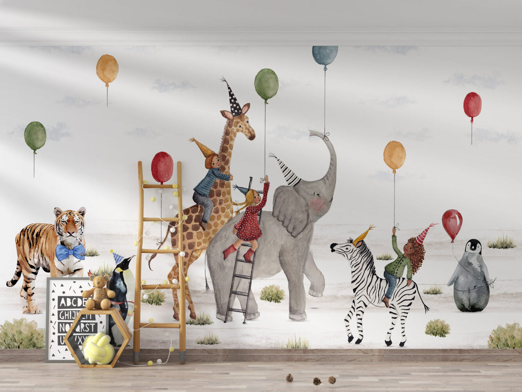 Safari Birthday Party Wallpaper : Balloons And Animals Kids Mural - View 5