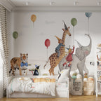 Safari Birthday Party Wallpaper : Balloons And Animals Kids Mural