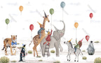 Safari Birthday Party Wallpaper : Balloons And Animals Kids Mural - flat design
