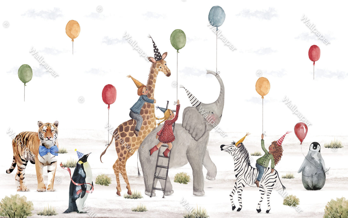 Safari Birthday Party Wallpaper : Balloons And Animals Kids Mural - flat design
