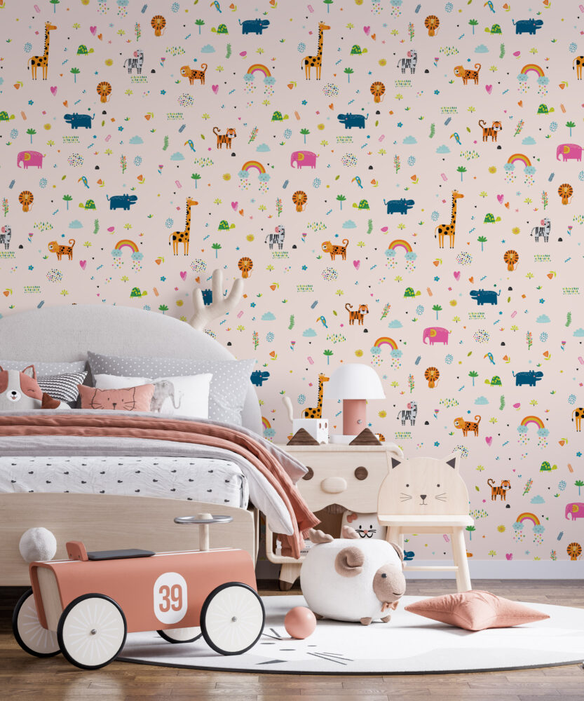 Minimal Safari Icons Wallpaper : Peach Kids Animal Pattern - View 2