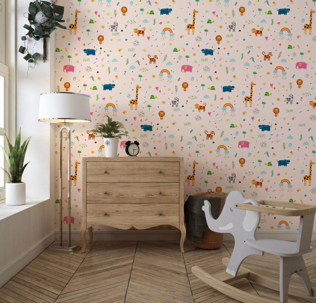 Minimal Safari Icons Wallpaper : Peach Kids Animal Pattern - View 3