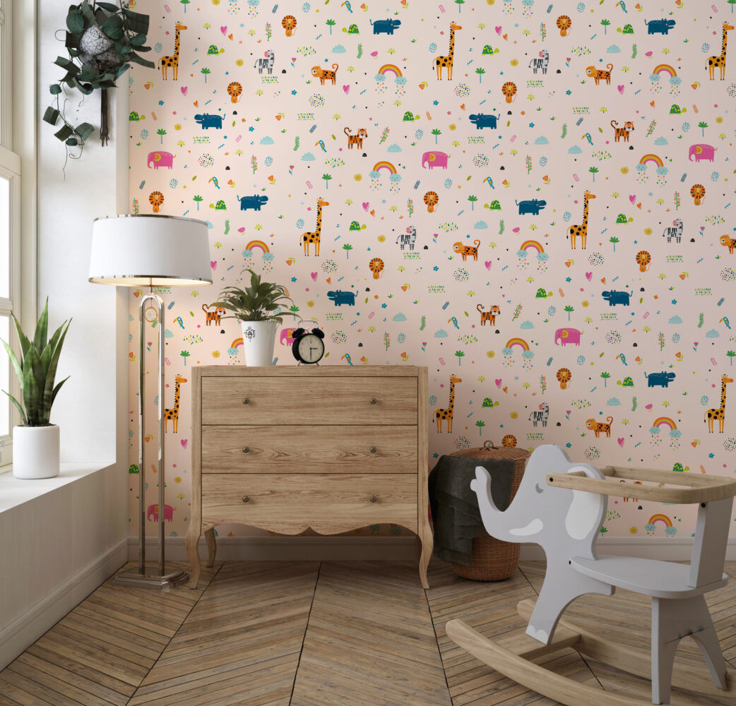 Minimal Safari Icons Wallpaper : Peach Kids Animal Pattern - View 3