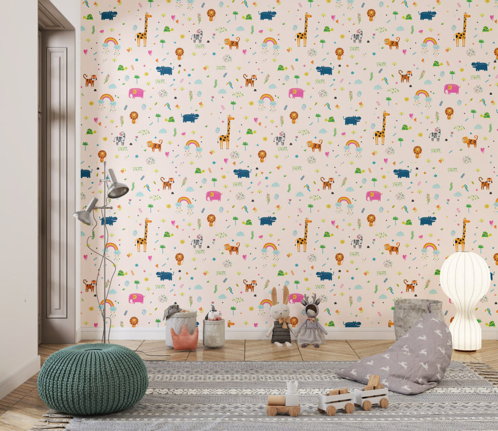Minimal Safari Icons Wallpaper : Peach Kids Animal Pattern - View 5