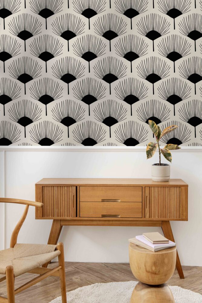 Black And White Fan Wallpaper : Art Deco Palm Motif Pattern - View 2