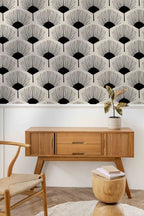 Black And White Fan Wallpaper : Art Deco Palm Motif Pattern - View 2