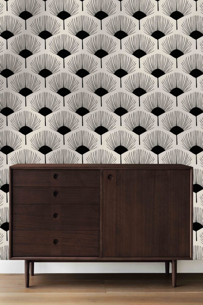 Black And White Fan Wallpaper : Art Deco Palm Motif Pattern - View 3