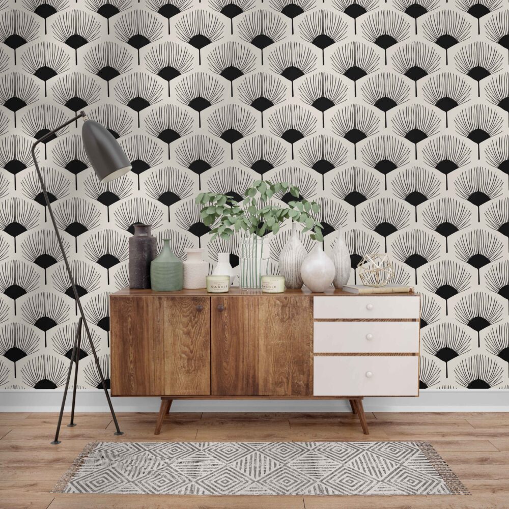 Black And White Fan Wallpaper : Art Deco Palm Motif Pattern - View 4