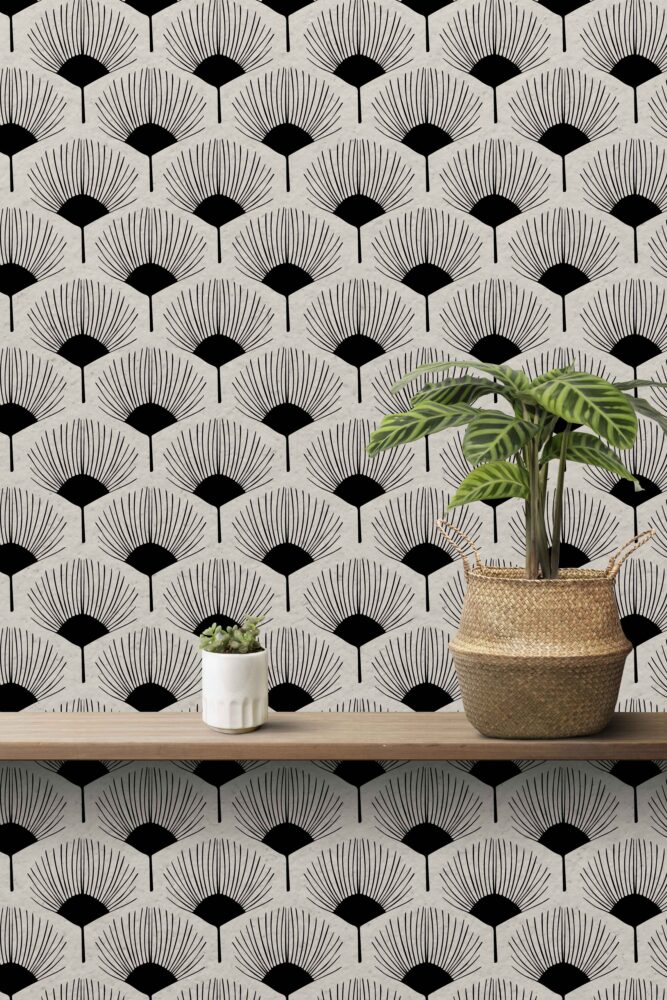 Black And White Fan Wallpaper : Art Deco Palm Motif Pattern - View 5