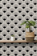 Black And White Fan Wallpaper : Art Deco Palm Motif Pattern - View 5