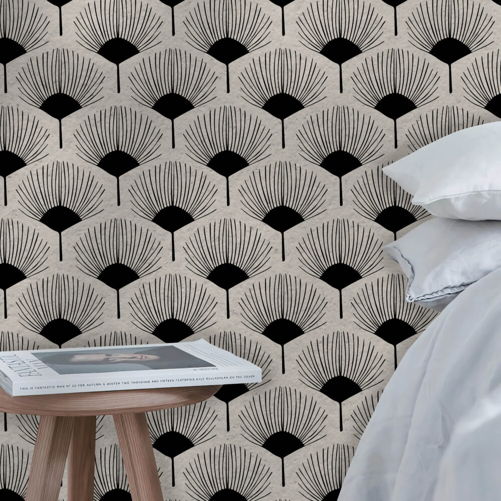 Black And White Fan Wallpaper : Art Deco Palm Motif Pattern